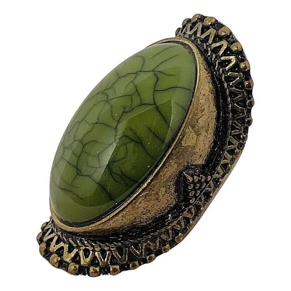 Green Glass Full Finger Brass Ring 6.5 Bohemian Ethnic Boho Chic - Picture 4 of 16